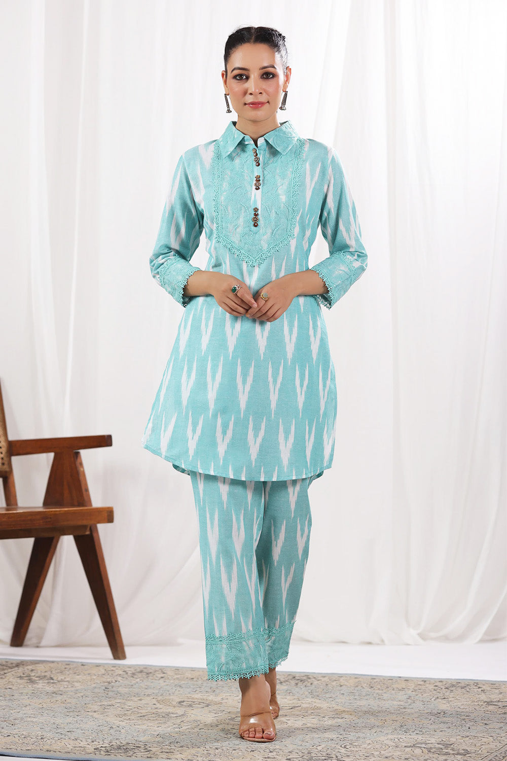 Mint Green Color Khadi Cotton Lace Work Kurta Set