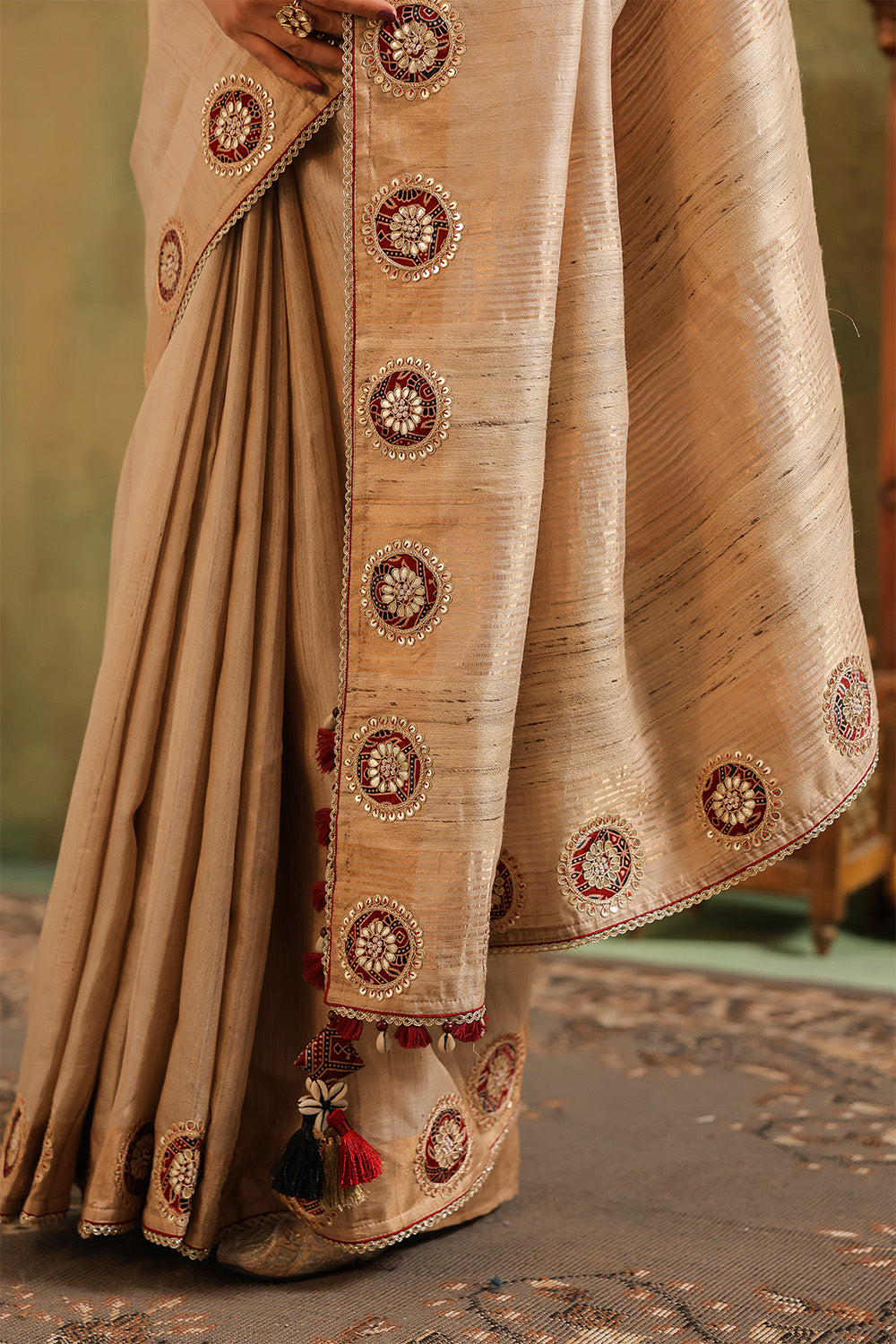 Beige Pure Tussar Embroidered Saree
