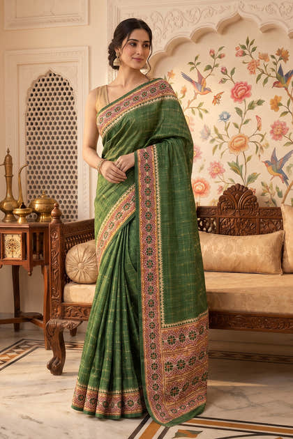 Green Tussar Silk Printed And Zari Taar Woven Saree