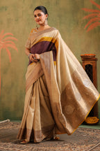 Beige & Mustard Pure Tussar Silk Woven And Embroidered Saree