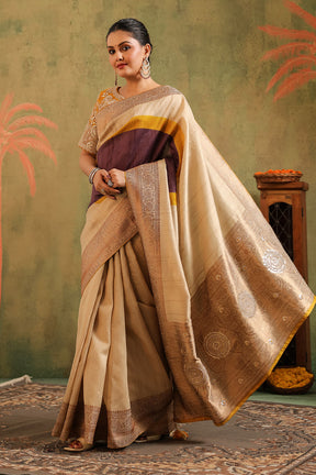 Beige & Mustard Pure Tussar Silk Woven And Embroidered Saree
