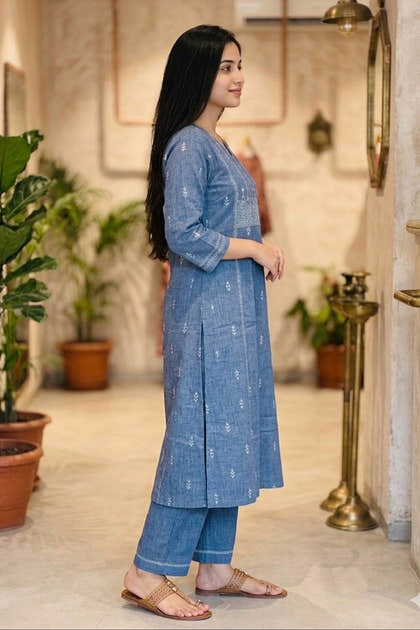 Blue Cotton Printed & Mirror Work Kurta Set