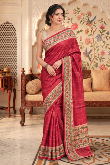 Deep Cherry Tussar Silk Printed And Zari Taar Woven Saree