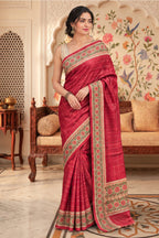 Deep Cherry Tussar Silk Printed And Zari Taar Woven Saree