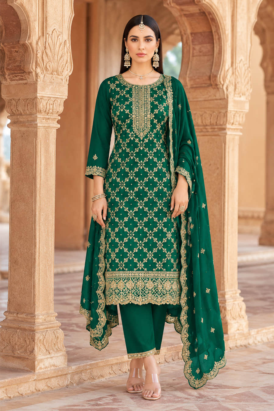 Teal Crepe Silk Zari Woven And Embroidered Unstiched Suit Material