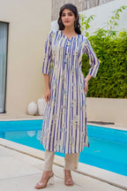 Beige & Blue Floral Printed Muslin Kurta Set
