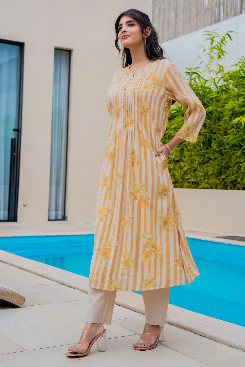 Mustard Muslin Floral Printed Kurta Set