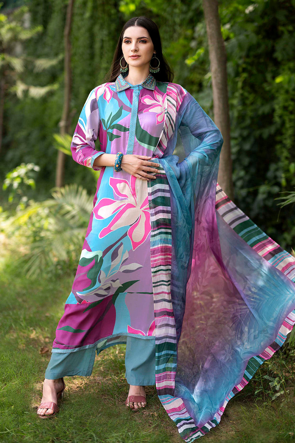 Turquoise Color Crepe Printed Unstitched Suit Material