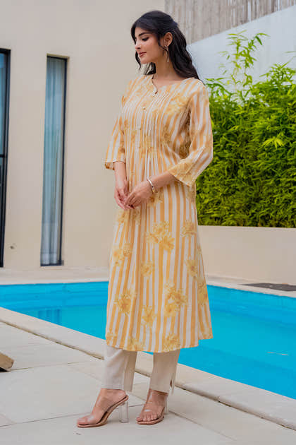 Mustard Muslin Floral Printed Kurta Set