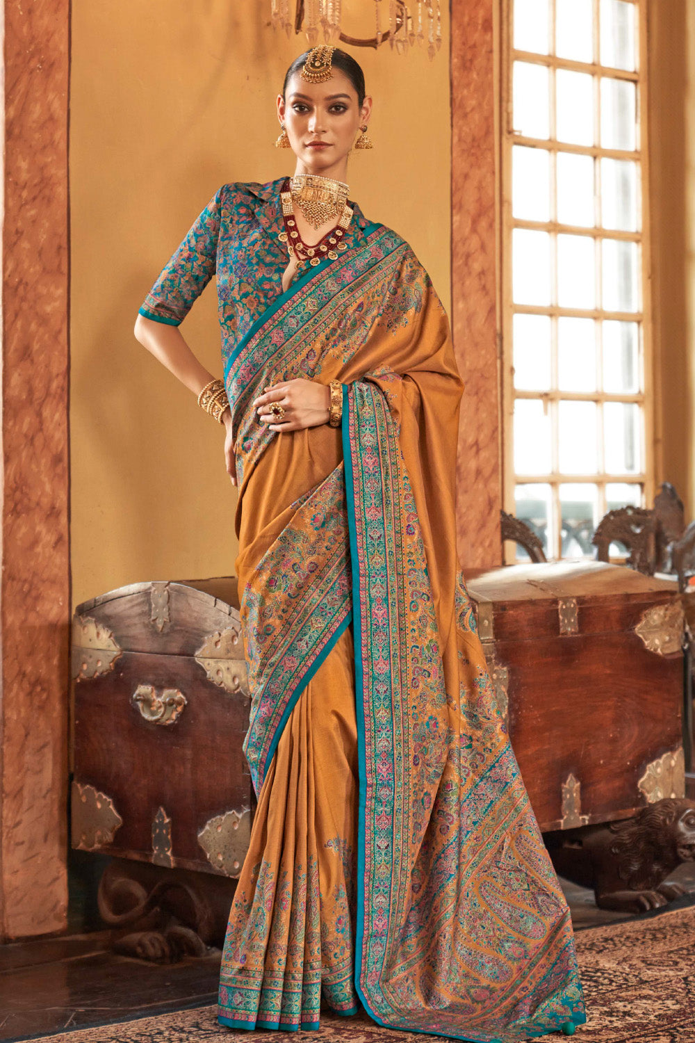 Mustard Color Gajji Silk Printed Saree