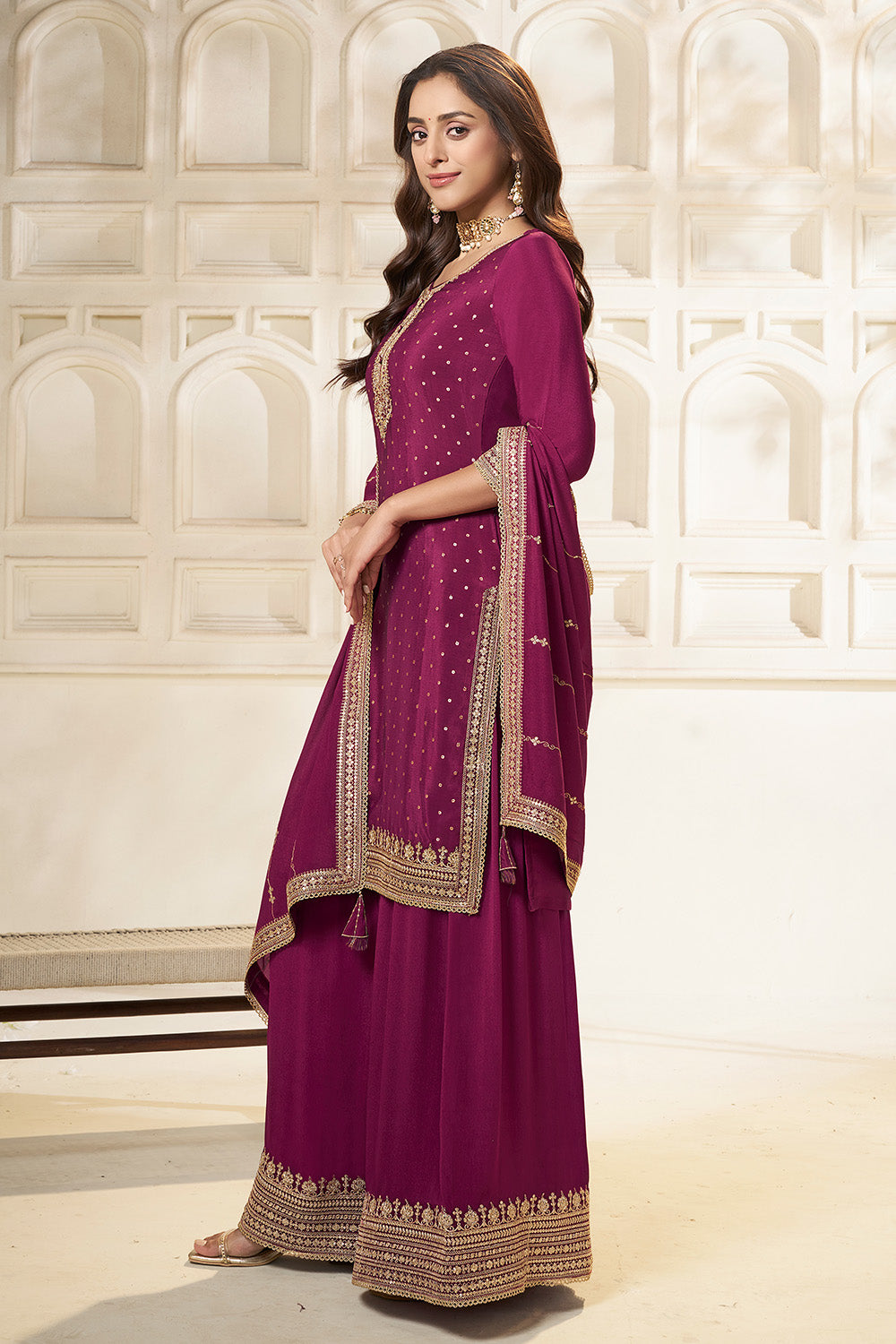 Wine Crepe Silk Zari Embroidered Suit With Embroidered Palazzo