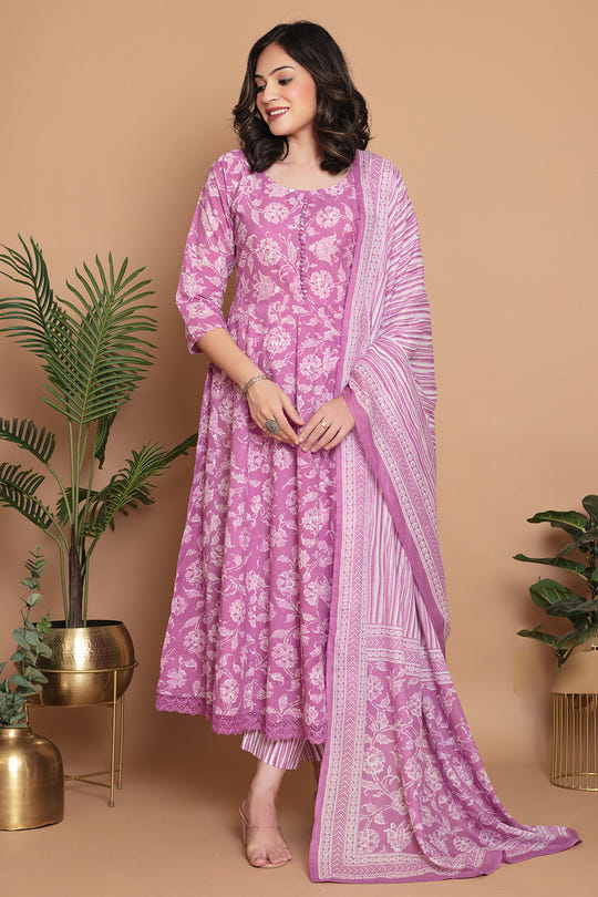 Mauve Cotton Floral Printed Anarkali Suit