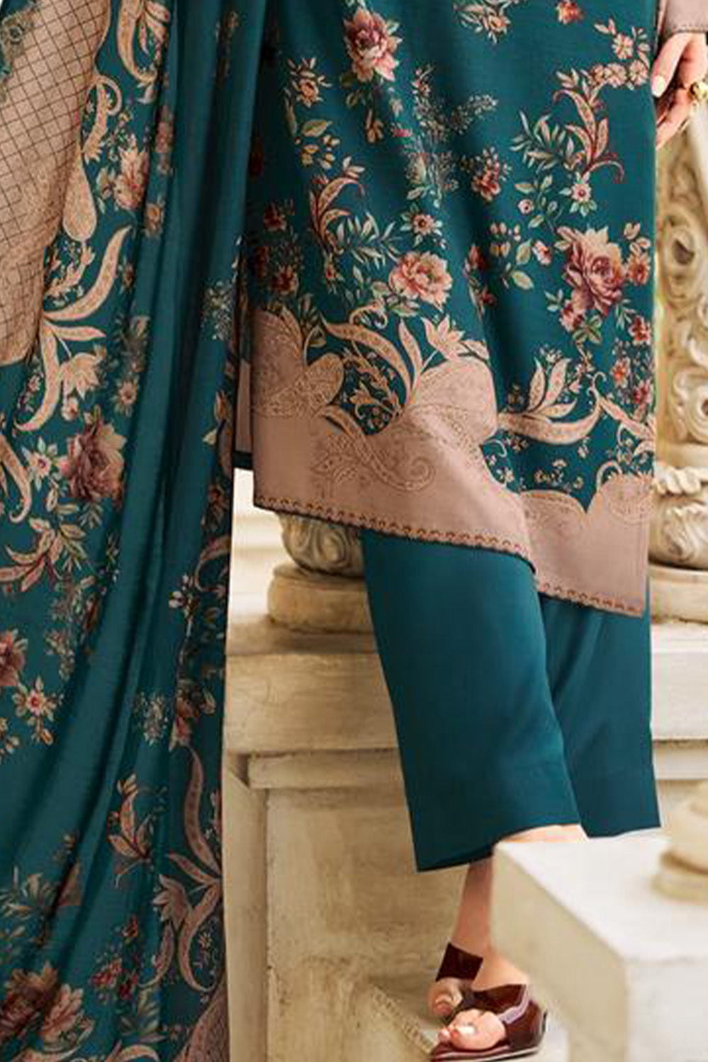Teal Spun Floral Printed Unstitched Suit Fabric