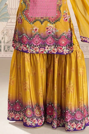 Mustard Crepe Silk Mirror And Swarovski Embroidered Printed Suit With Gharara