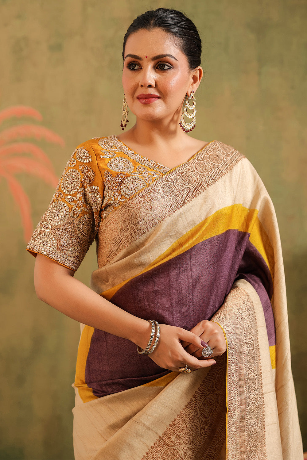 Beige & Mustard Pure Tussar Silk Woven And Embroidered Saree