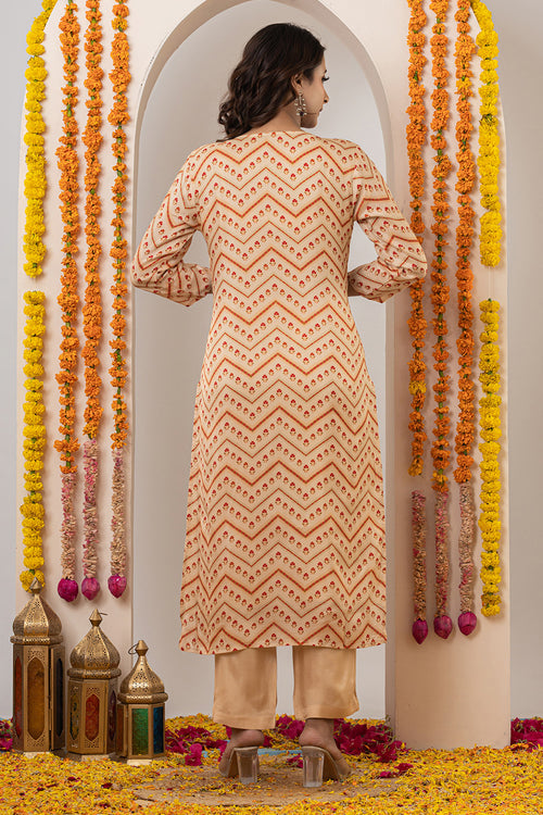 Beige Crepe Silk Printed Suit Set