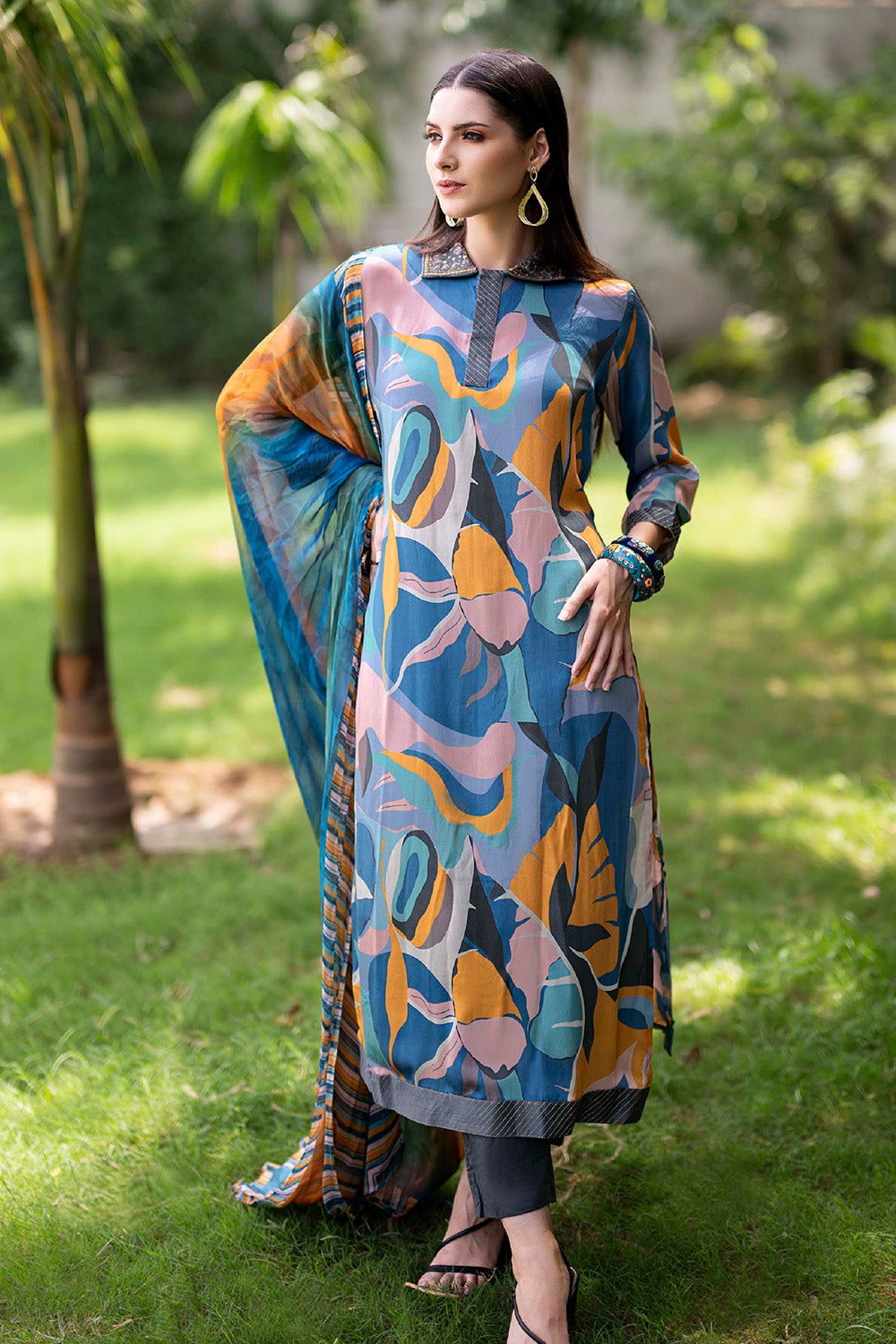 Blue & Mustard Color Crepe Printed Unstitched Suit Material