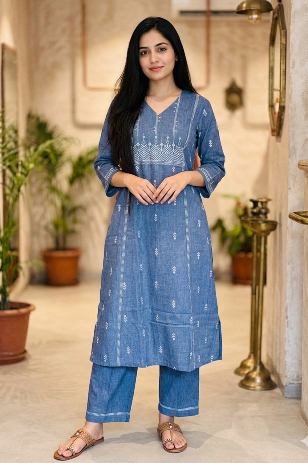 Blue Cotton Printed & Mirror Work Kurta Set