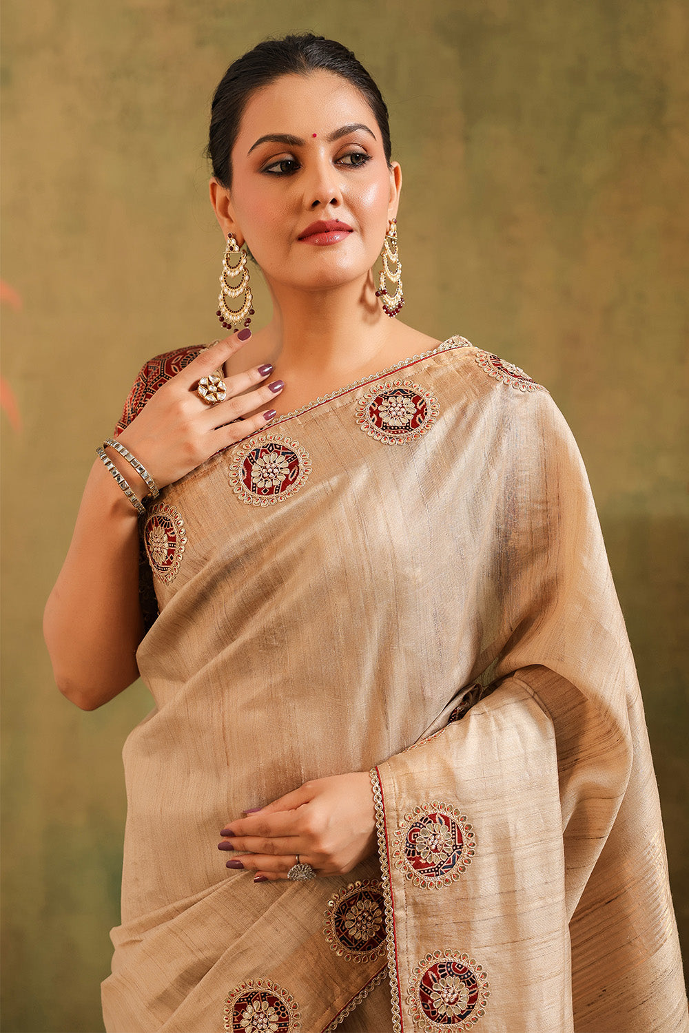 Beige Pure Tussar Embroidered Saree