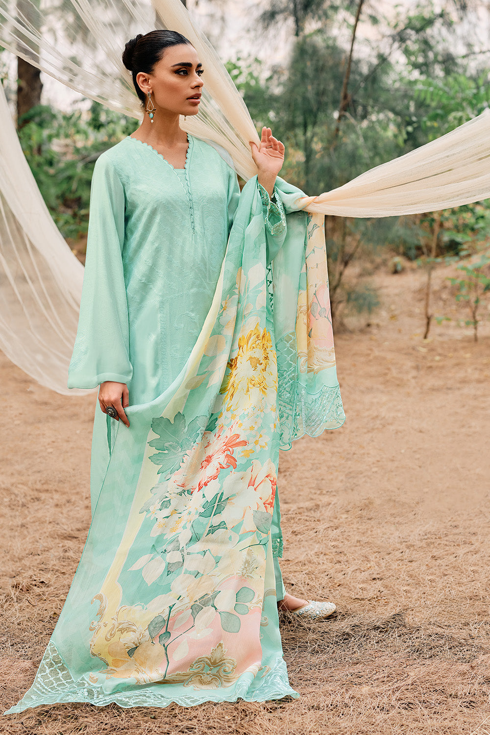 Turquoise Color Muslin Cotton Resham Woven Unstitched Suit Material