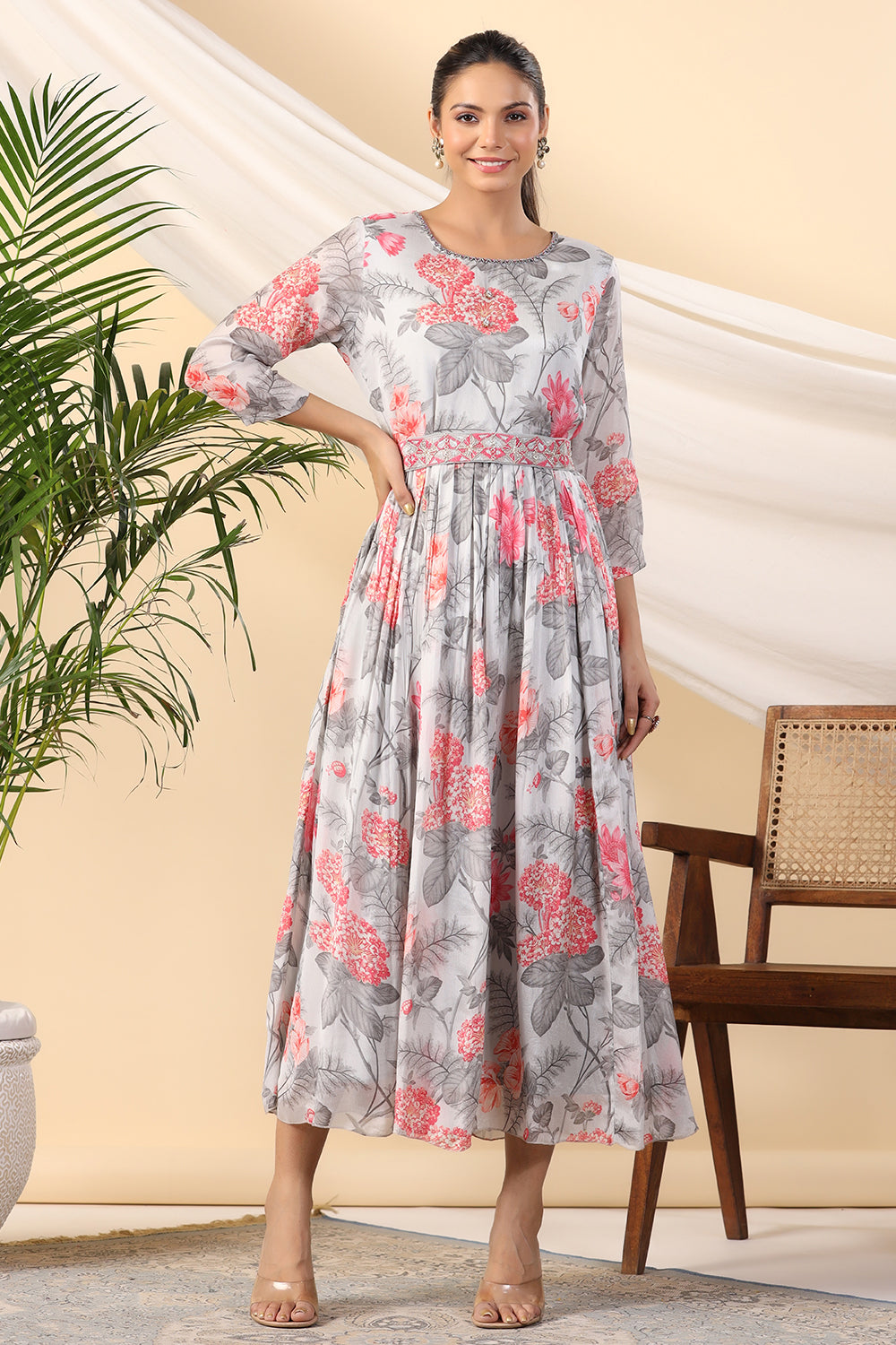 Grey Color Crepe Printed Peonies Dress