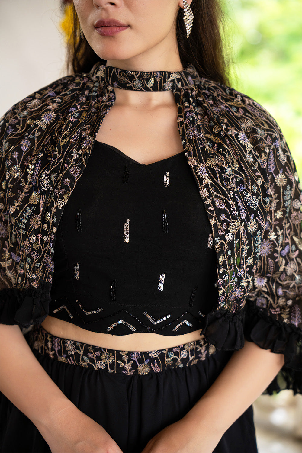 Black Color Georgette Embroidered Crop-top Set With Jacket