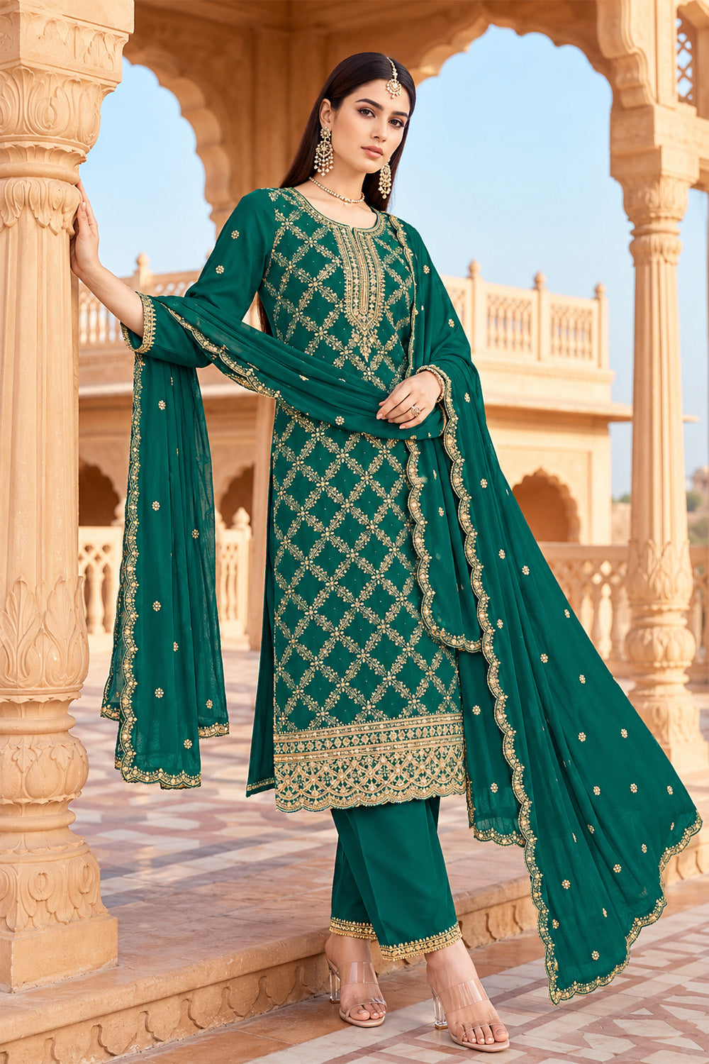 Teal Crepe Silk Zari Woven And Embroidered Unstiched Suit Material