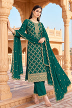 Teal Crepe Silk Zari Woven And Embroidered Unstiched Suit Material