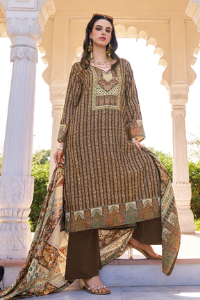 Beige & Sage Green Spun Mughal-Inspired Paisley Printed Unstitched Suits Material