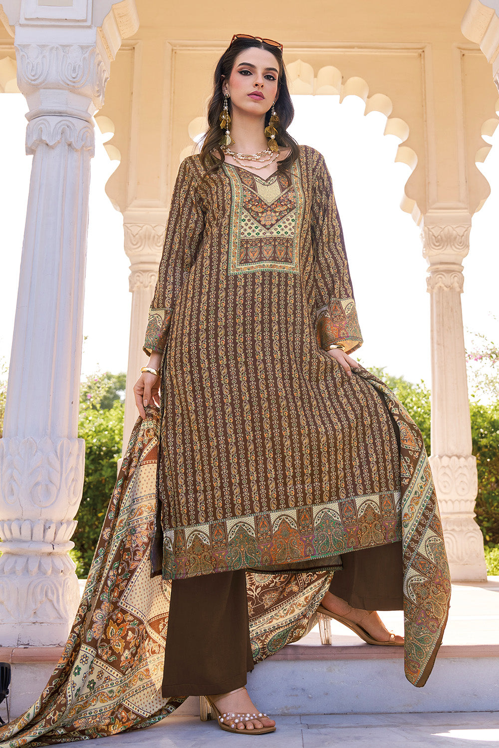 Brown Spun Mughal-Inspired Paisley Printed Unstitched Suits Material