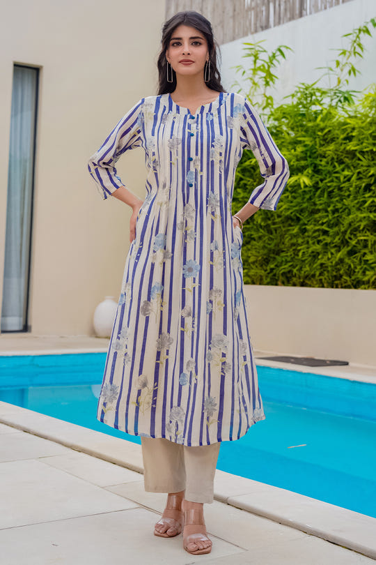 Beige & Blue Floral Printed Muslin Kurta Set