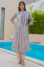 Beige & Blue Floral Printed Muslin Kurta Set