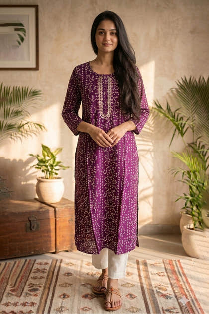 Purple Bandhani Printed & Gota-Patti Work Cotton Kurta