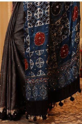 Black & Blue Pure Mulberry Silk Printed And Embroidered Saree