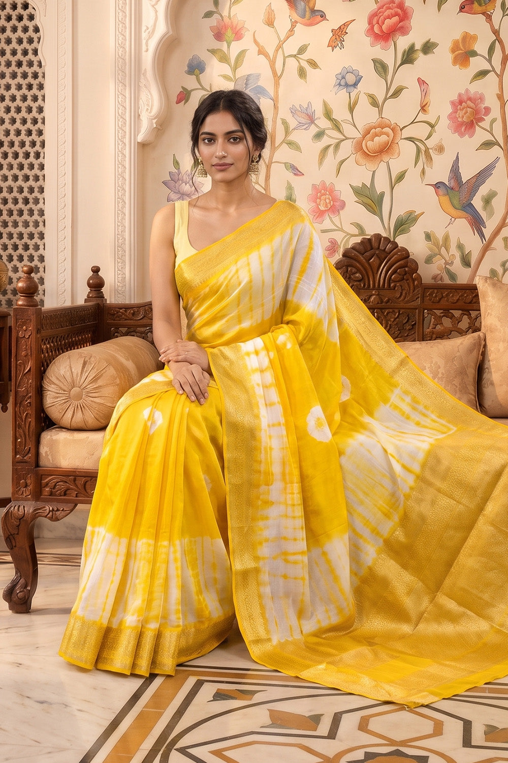 Yellow Georgette Shibori Printed Saree