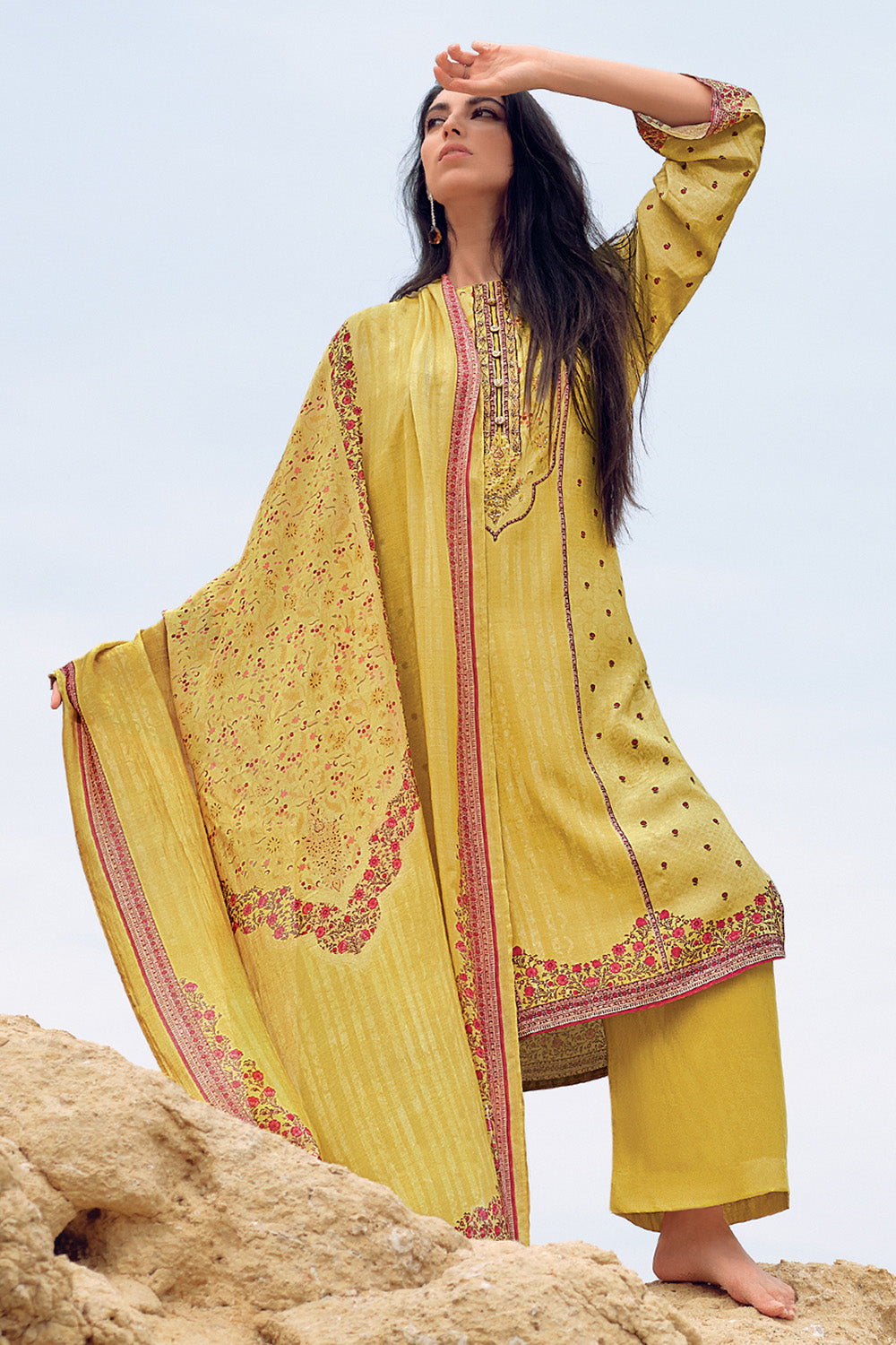 Mustard Color Cotton Silk Printed Unstitched Suit Material