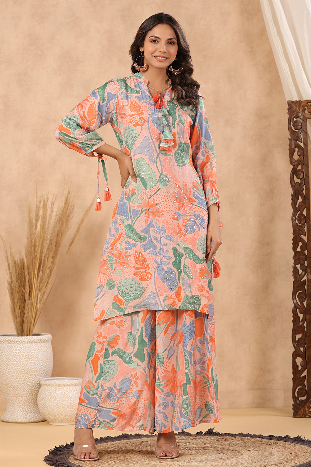 Peach Color Muslin Printed Co-Ord Set
