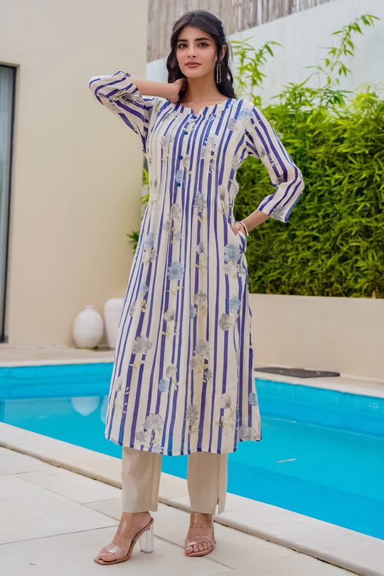 Beige & Blue Floral Printed Muslin Kurta Set
