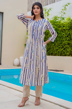 Beige & Blue Floral Printed Muslin Kurta Set