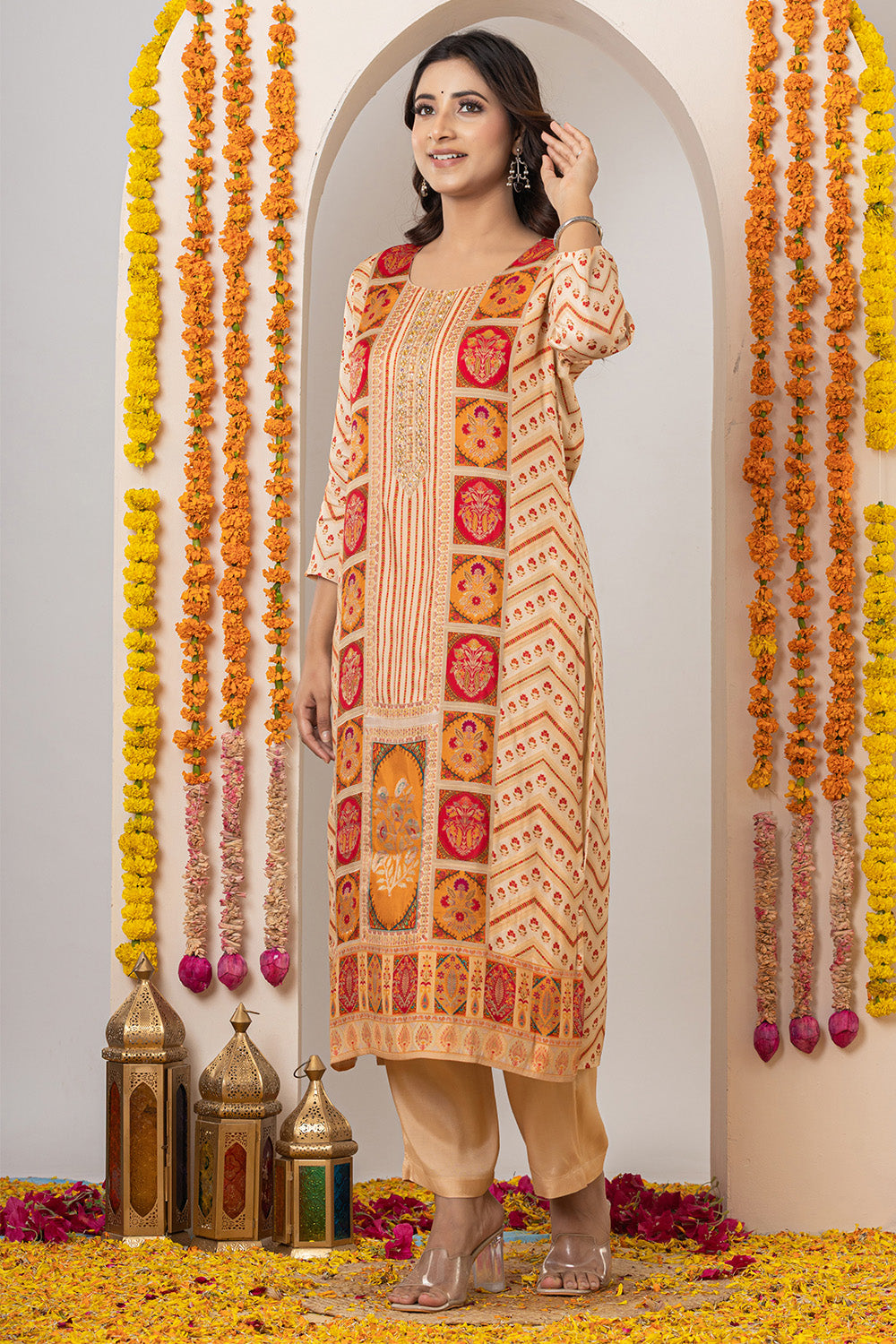 Beige Crepe Silk Printed Suit Set