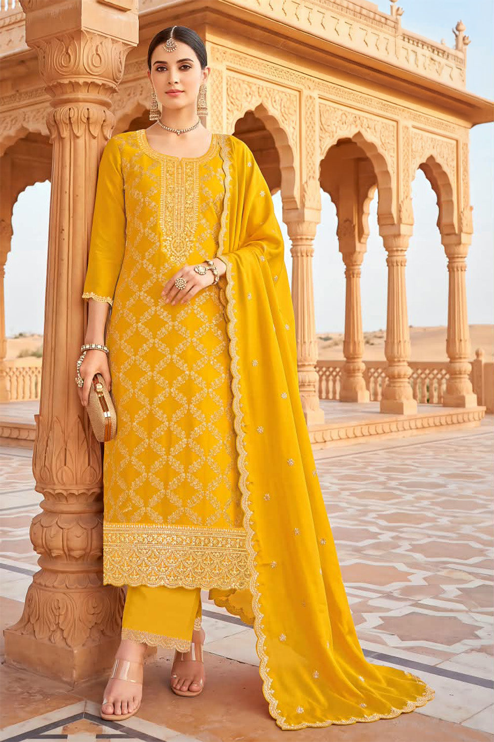 Yellow Crepe Silk Zari Woven And Embroidered Unstiched Suit Material