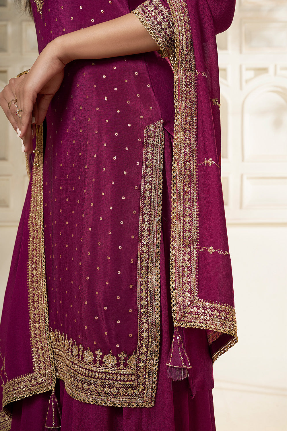 Wine Crepe Silk Zari Embroidered Suit With Embroidered Palazzo