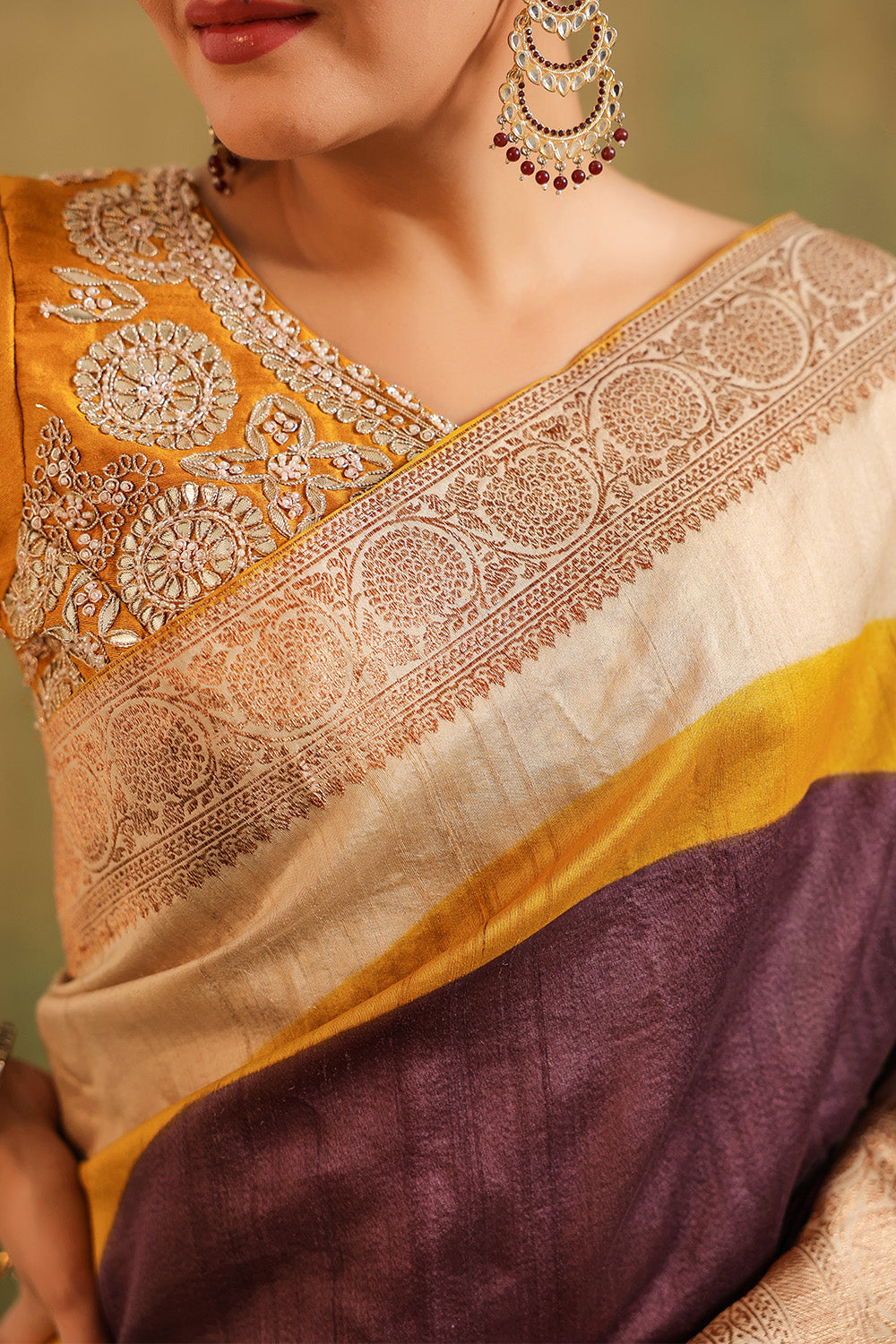 Beige & Mustard Pure Tussar Silk Woven And Embroidered Saree