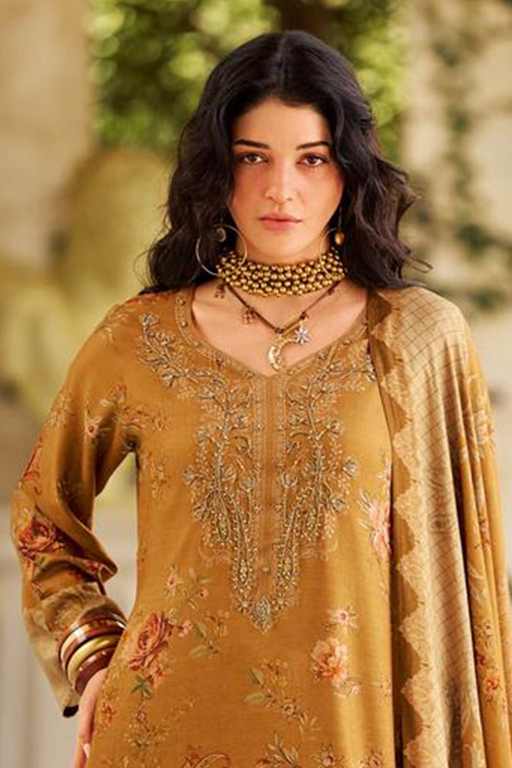 Mustard Spun Floral Printed Unstitched Suit Fabric