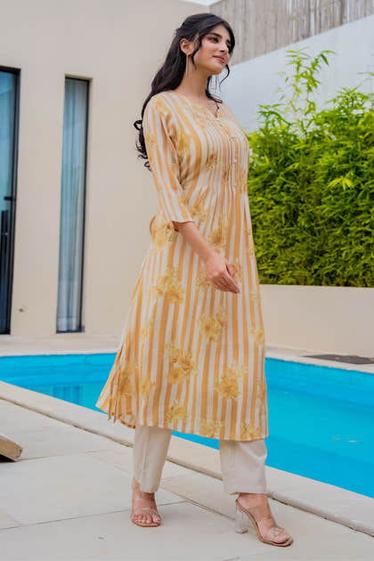 Mustard Muslin Floral Printed Kurta Set
