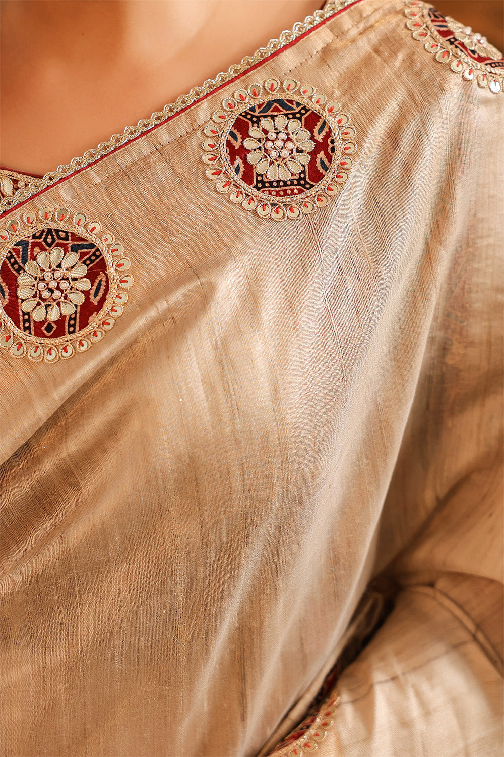 Beige Pure Tussar Embroidered Saree