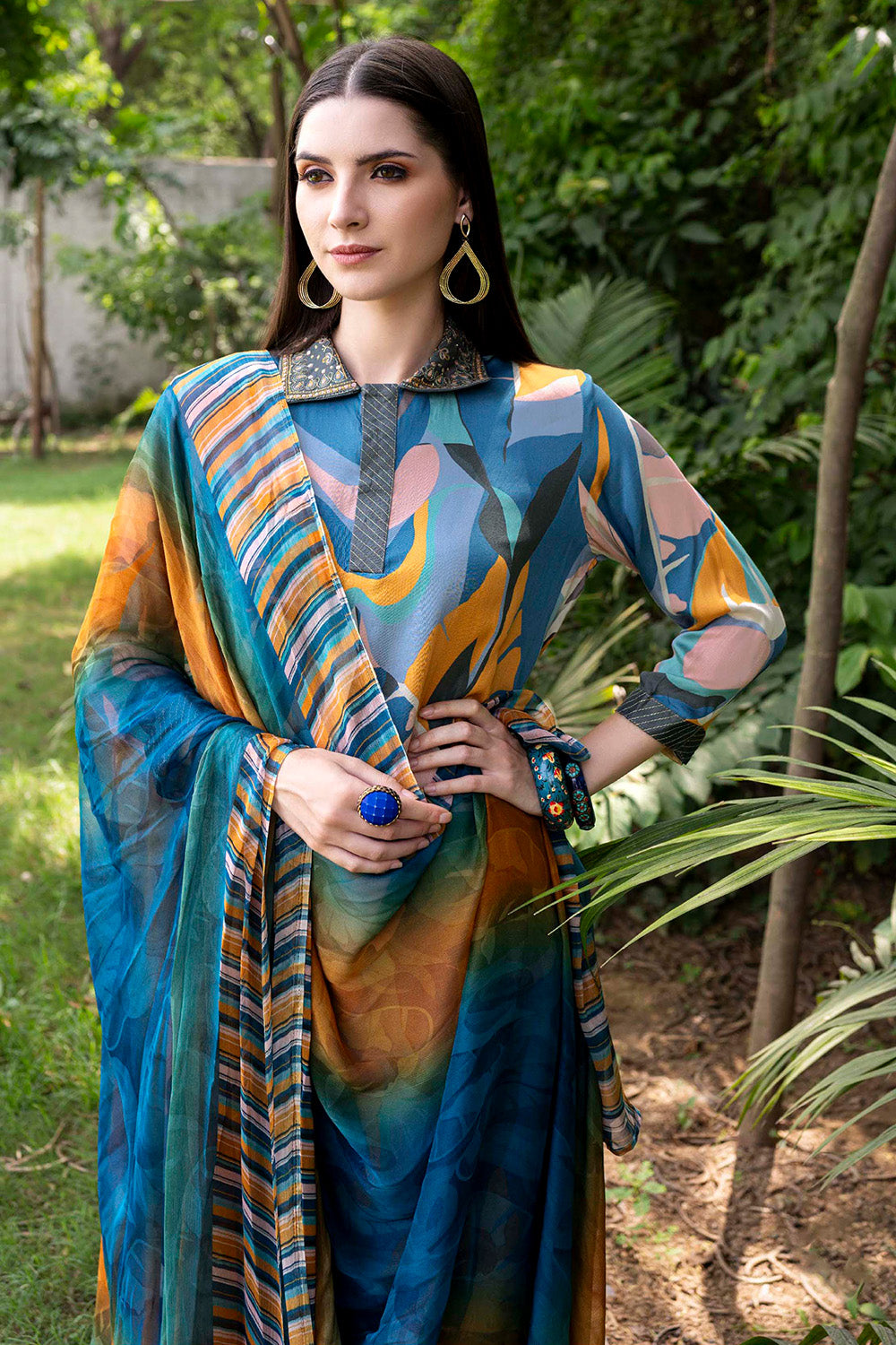 Blue & Mustard Color Crepe Printed Unstitched Suit Material