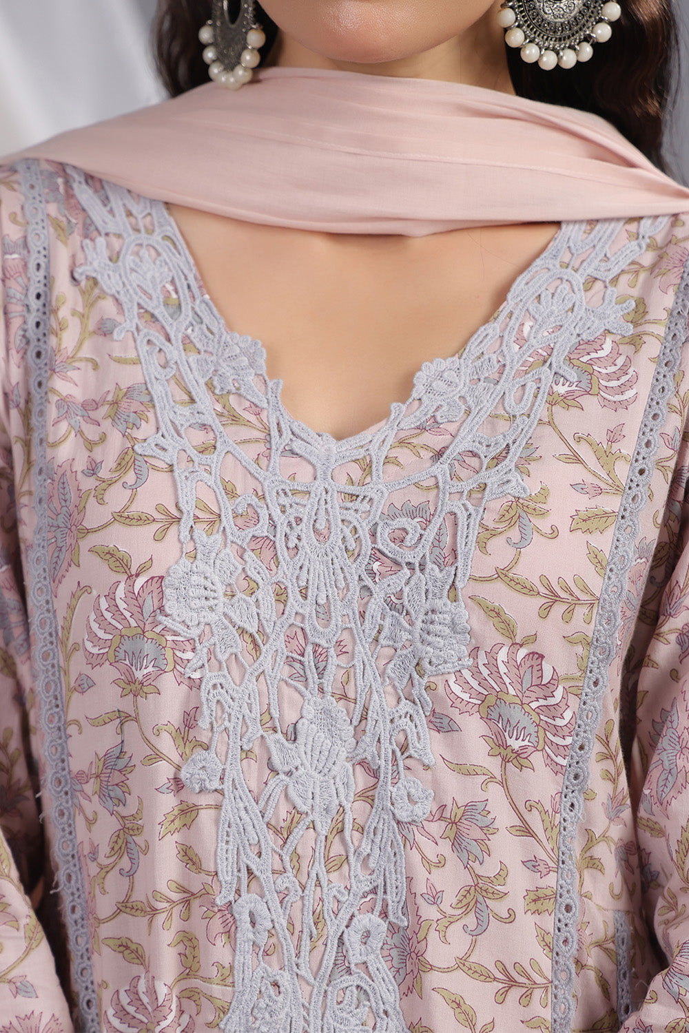 Dusty Peach Color Floral Printed & Lace Work Anarkali Suit