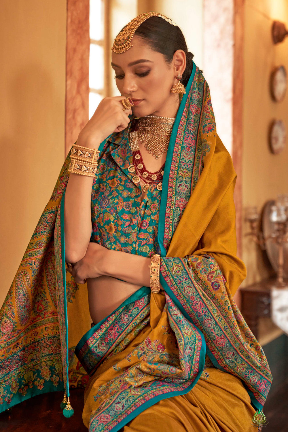 Mustard Color Gajji Silk Printed Saree