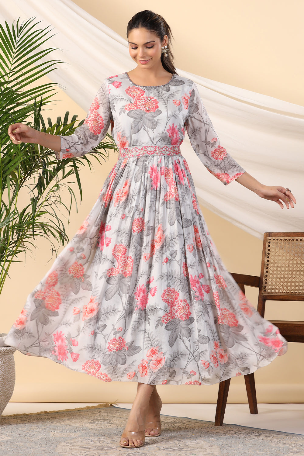 Grey Color Crepe Printed Peonies Dress